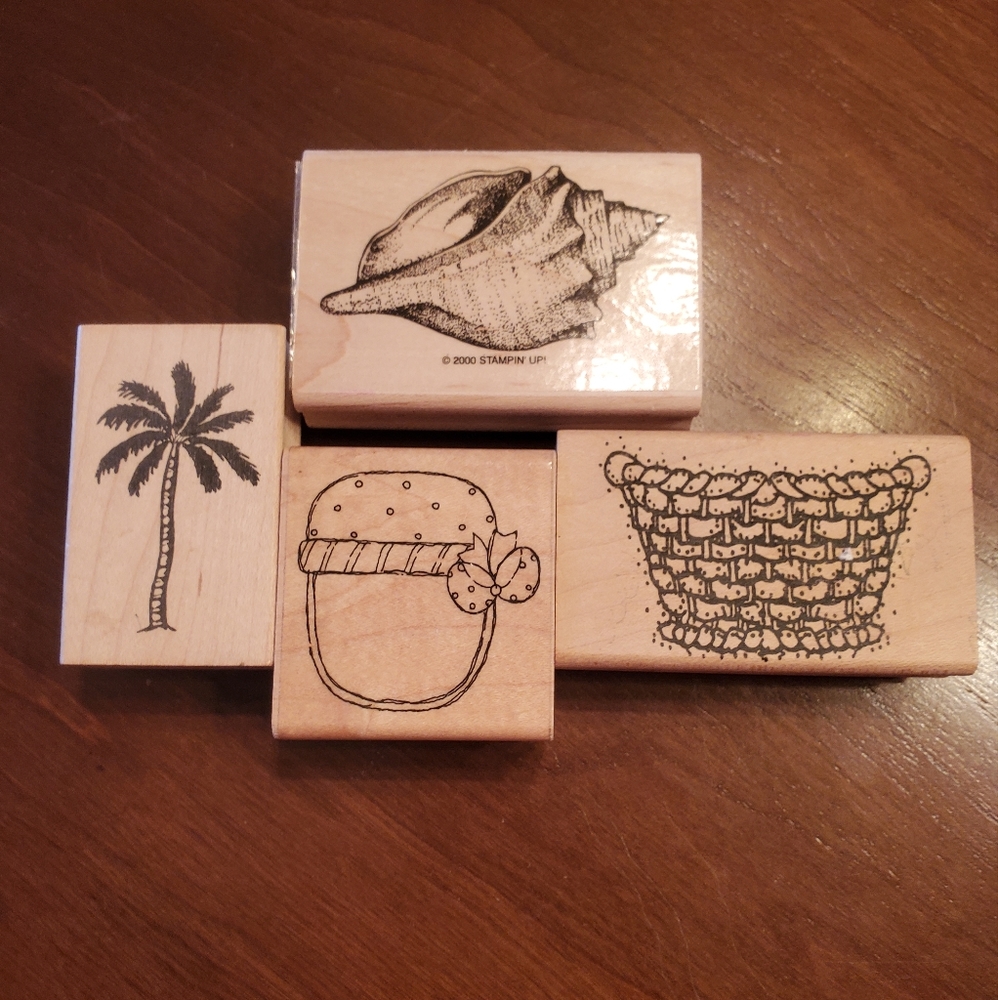 4 Basket, Basket w/ Bow, Palm Tree and Conch Shell Wooden/Rubber Stamps